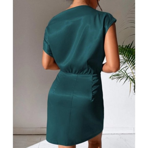 Satin Asymmetrical NeckLine Mini Dress- teal - Picture 5 of 6